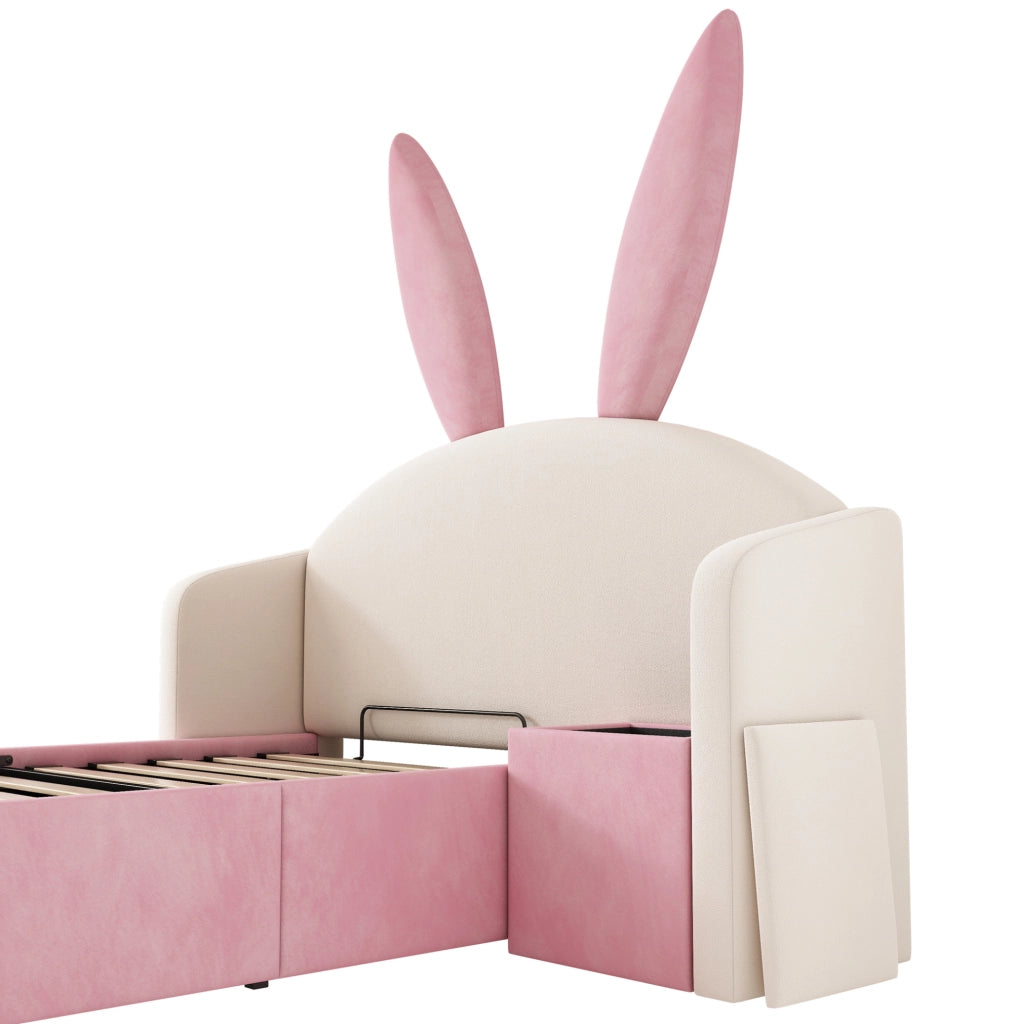 Letto imbottito 90x200 cm con contenitore idraulico e comodino in velluto beige e rosa