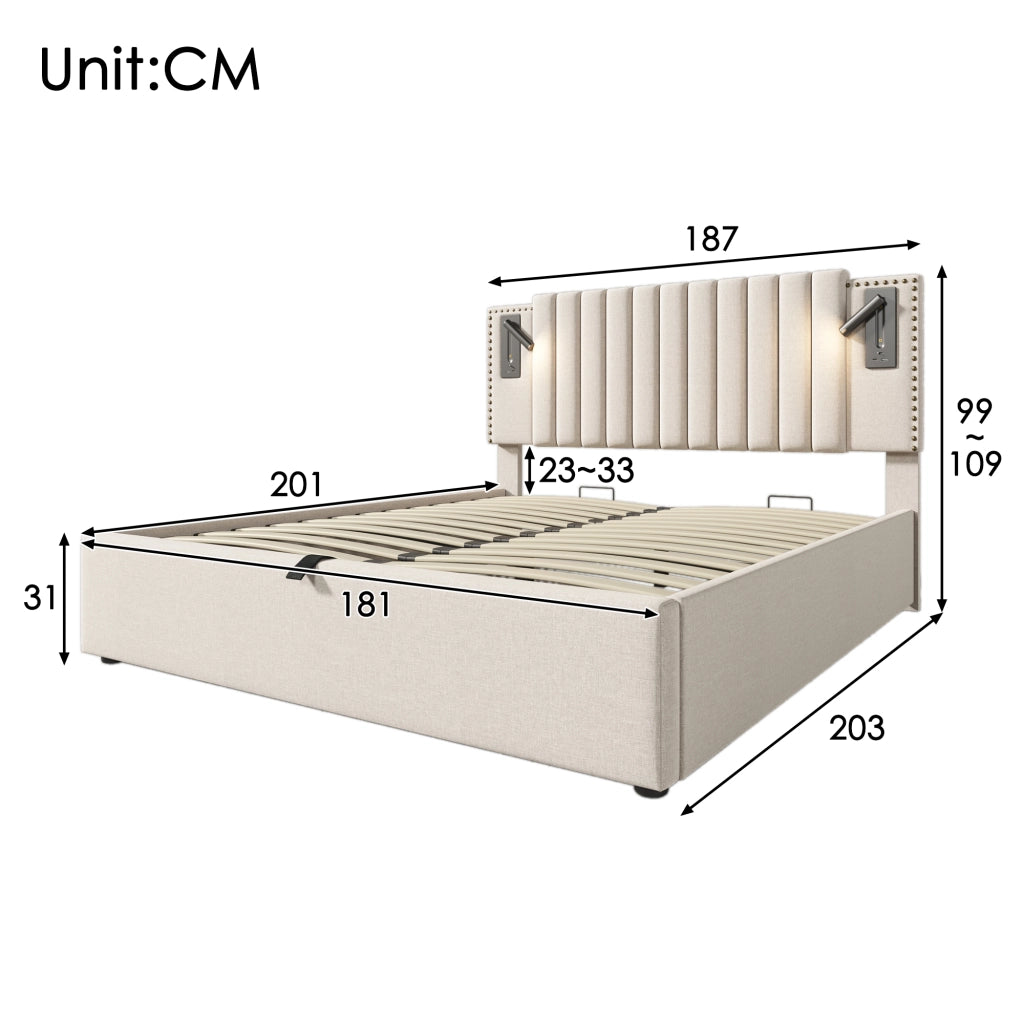 Letto per adulti 180x200 cm con vano contenitore; luci da lettura e porte USB/Type-C; cotone beige