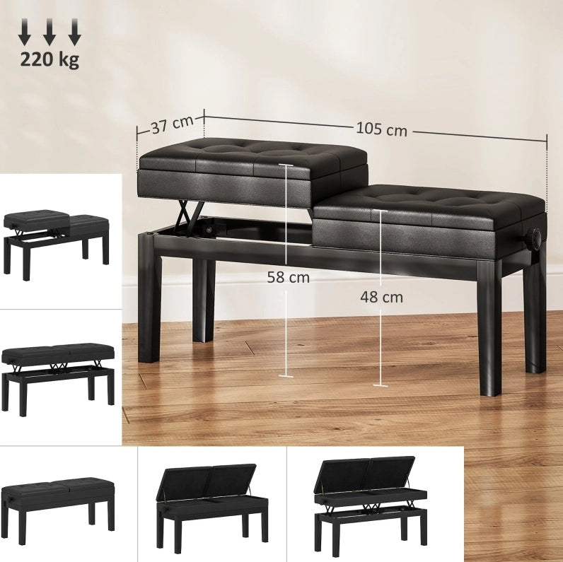Panca per pianoforte regolabile in altezza con doppio sedile e vano contenitore, rivestimento in ecopelle nero, 105 x 37 x 48-58 cm, portata 220 kg