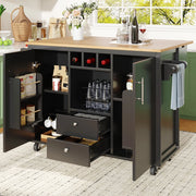 Isola da cucina mobile con piano ribaltabile; 2 cassetti; portabottiglie; ruote girevoli e ripiani nera