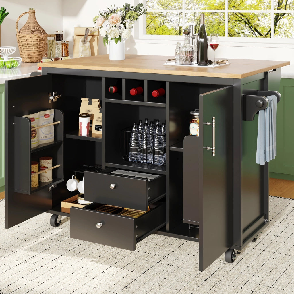 Isola da cucina mobile con piano ribaltabile; 2 cassetti; portabottiglie; ruote girevoli e ripiani nera