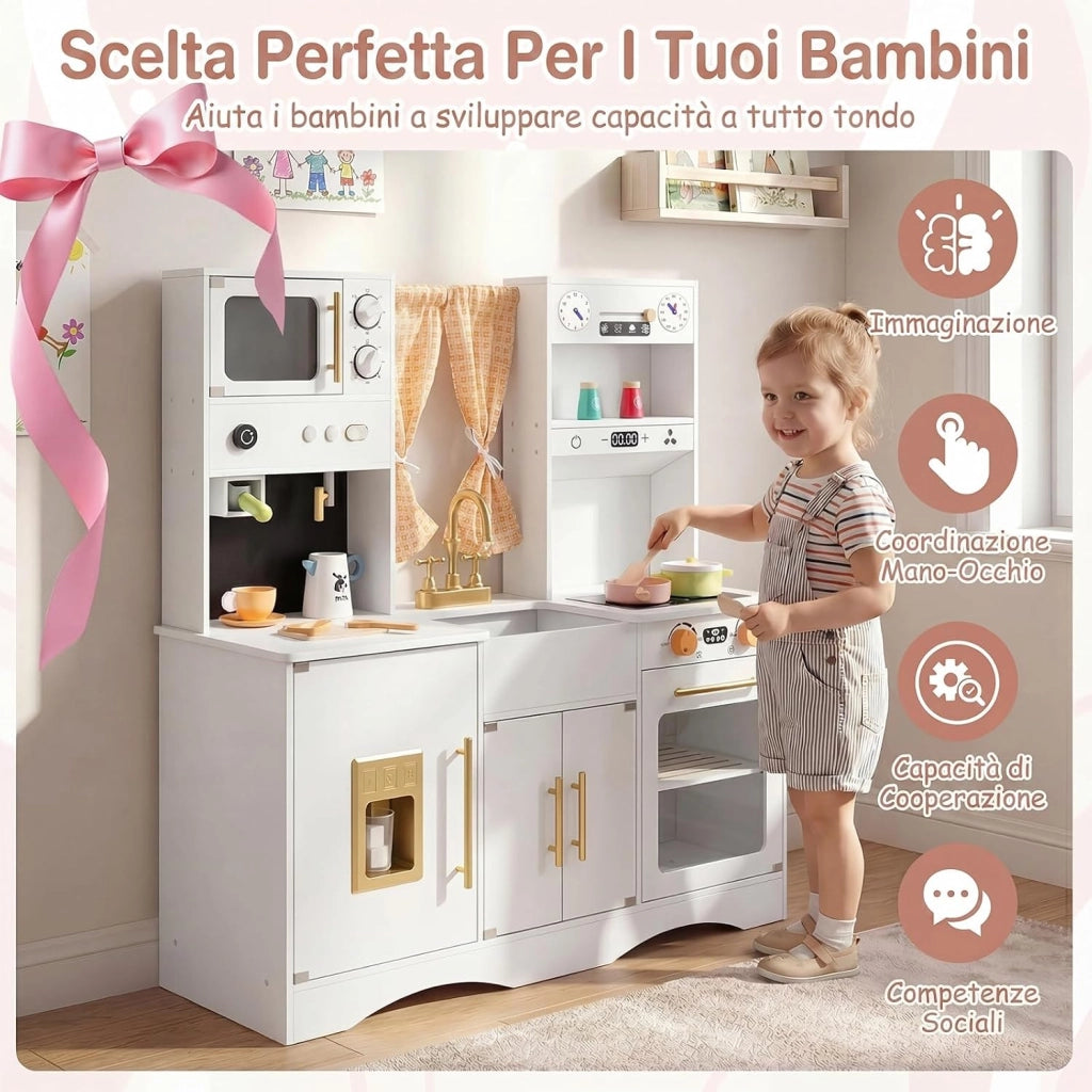 Set da Cucina per Bambini, in Legno, per Bambini 3+ Anni (Bianco)
Cucina Giocattolo con Microonde, Macchina del Caffè, Cucinetta Giocattolo con Tende, 102 x 35 x 110 cm