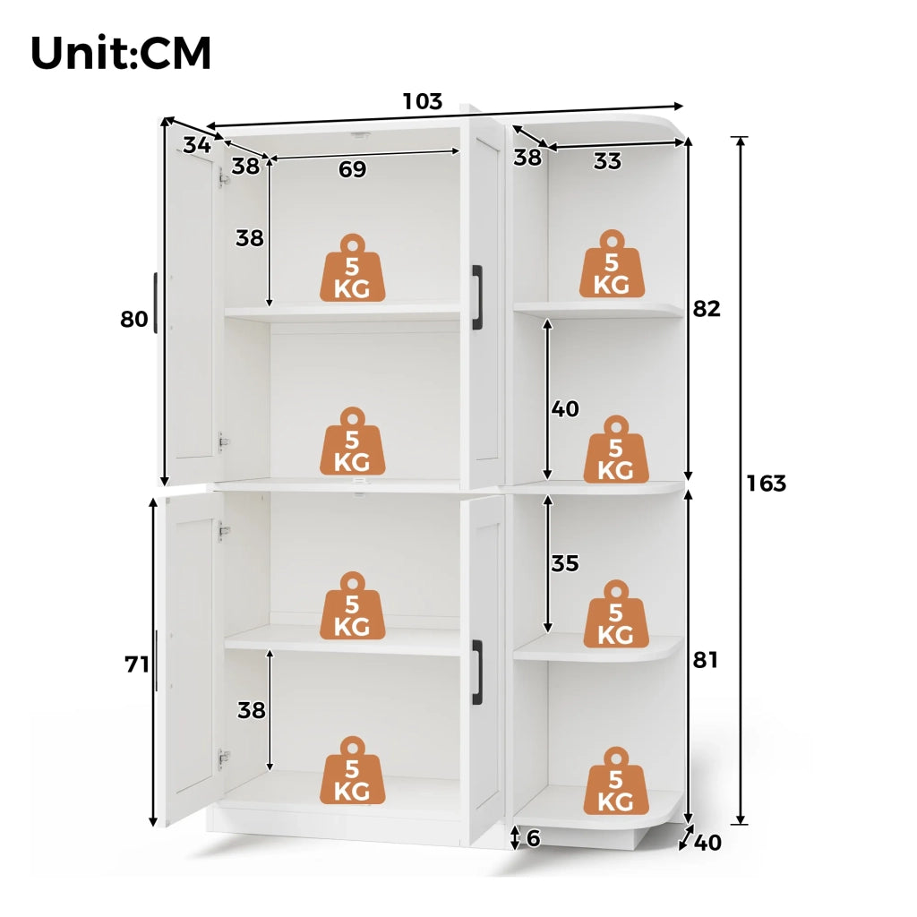 Armadio da cucina alto 103x40x163 cm, dispensa con 4 ante e 4 ripiani aperti, mensole regolabili per soggiorno e sala da pranzo