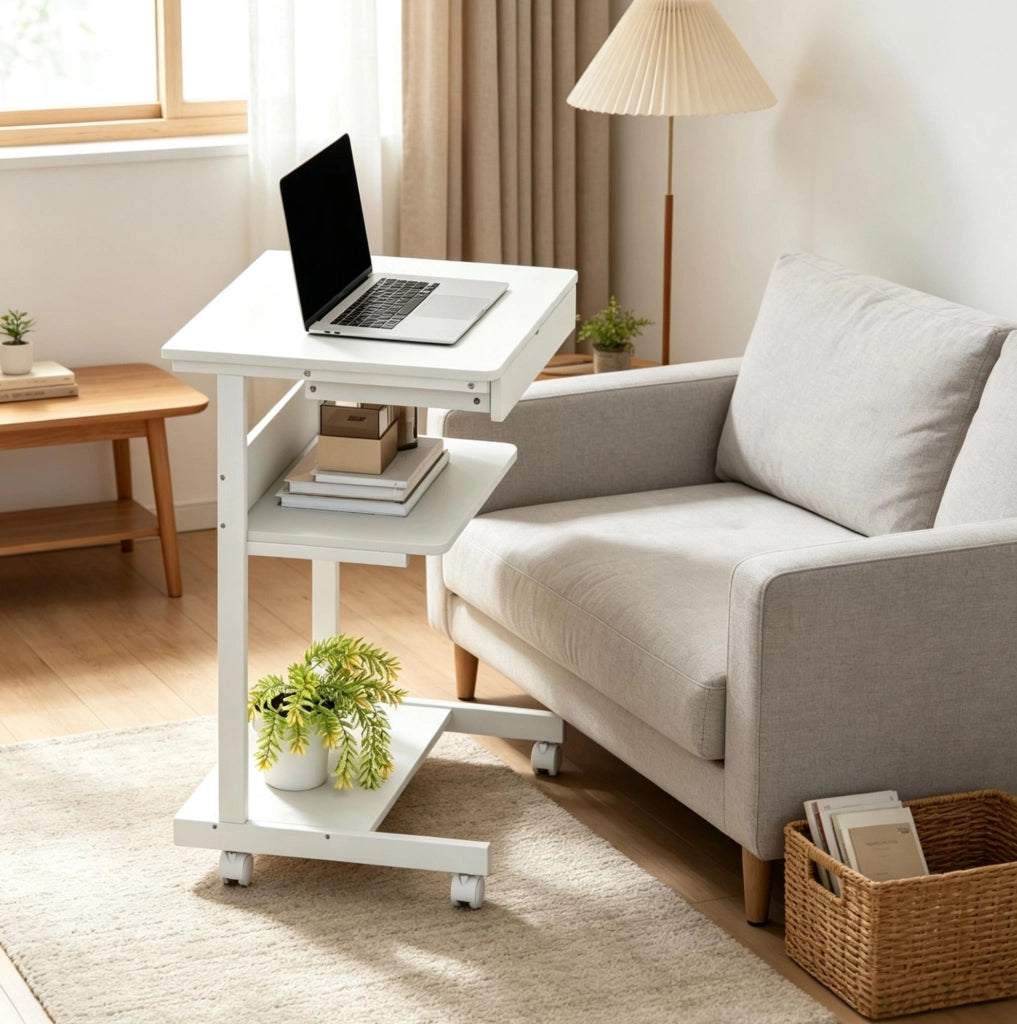 Scrivania per computer bianca 56x51x79 cm con cassetto, ripiano, supporto CPU e ruote per ufficio e home office