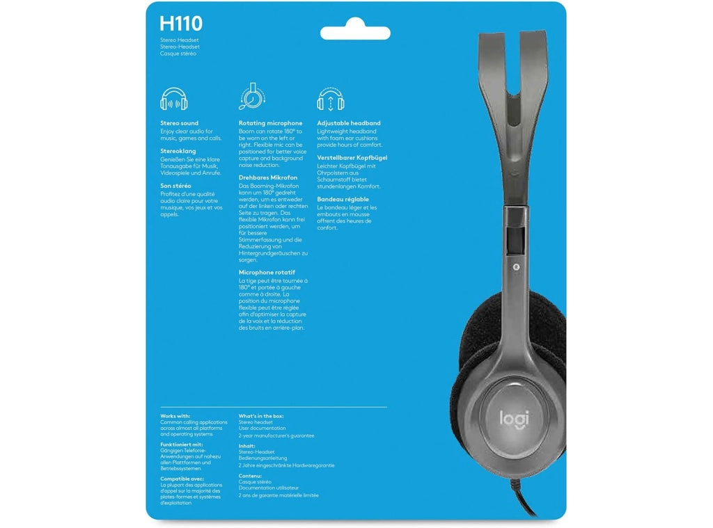 Cuffie Logitech H110 Cablate Stereo con Microfono Regolabile a Cancellazione del Rumore Doppio Jack Audio 3.5mm per PC Laptop e Computer Grigio