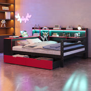 Letto divano matrimoniale 140 × 200 cm con scrivania, LED, prese e USB, senza materasso, nero e rosso