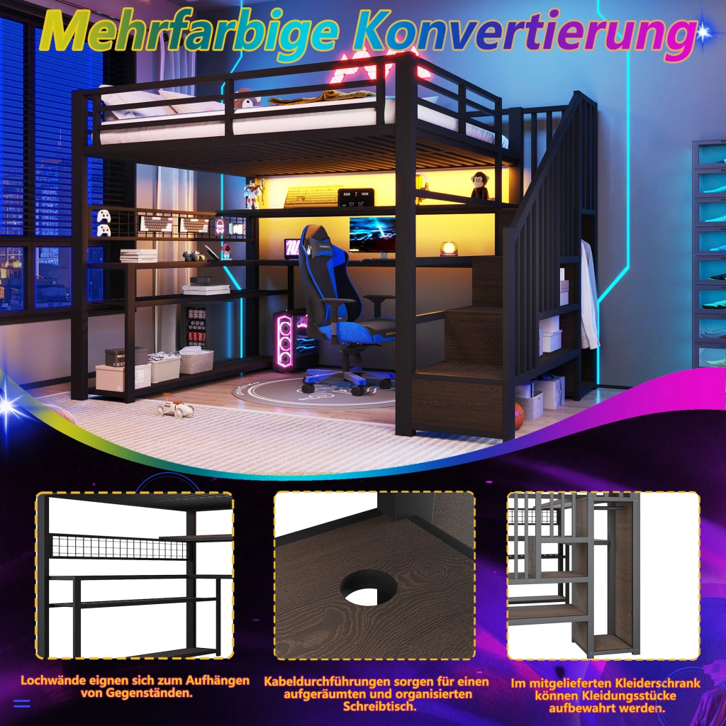 Letto a soppalco 140 × 200 cm con scrivania armadio LED RGB e vani portaoggetti in metallo e MDF nero