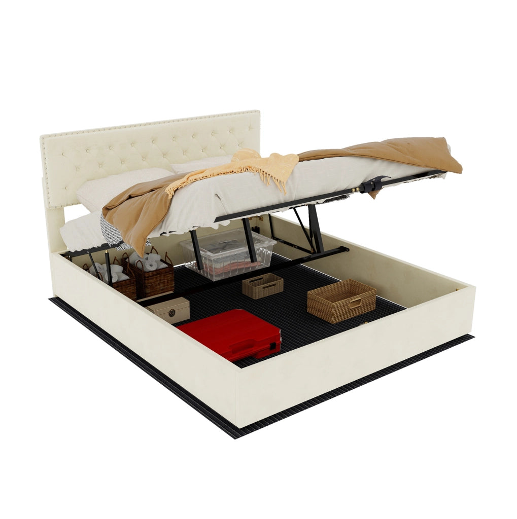 Letto moderno minimalista beige 160x200 cm con contenitore e materasso incluso