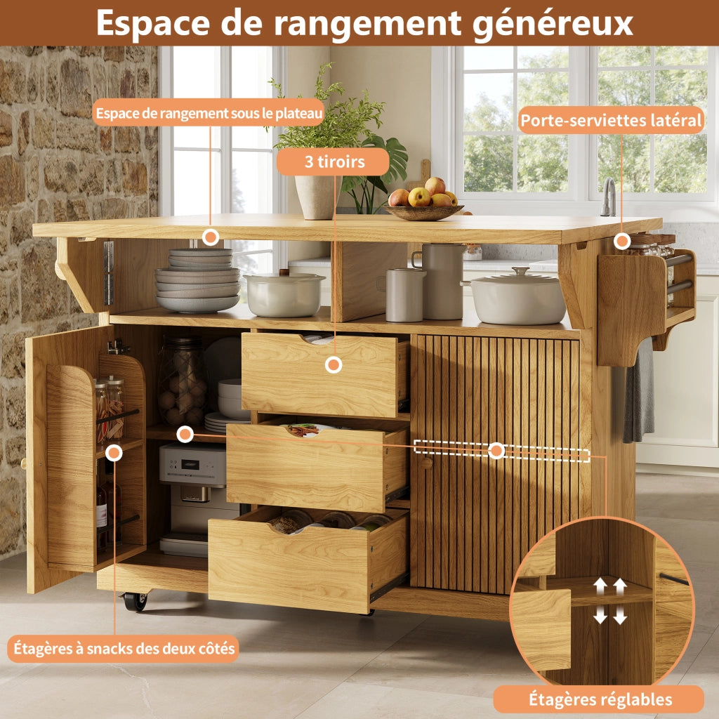 Carrello da cucina con piani laterali pieghevoli 3 cassetti ripiani regolabili in MDF con ruote bloccabili marrone