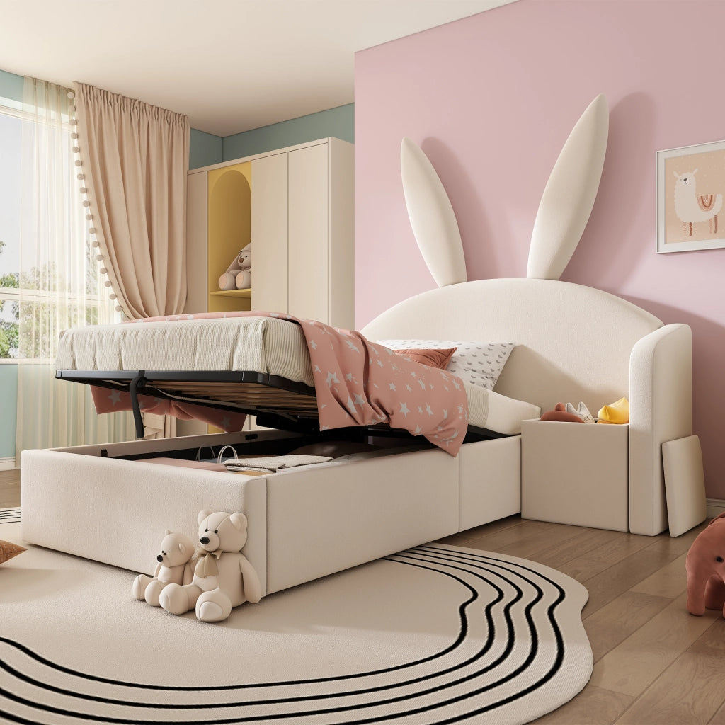 Letto imbottito 90x190 per bambini in velluto beige con testiera a orecchie da coniglio e comodino