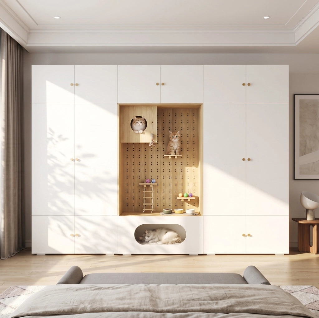 Armadio guardaroba 270x50x200 cm con area per gatti in truciolare bianco e legno