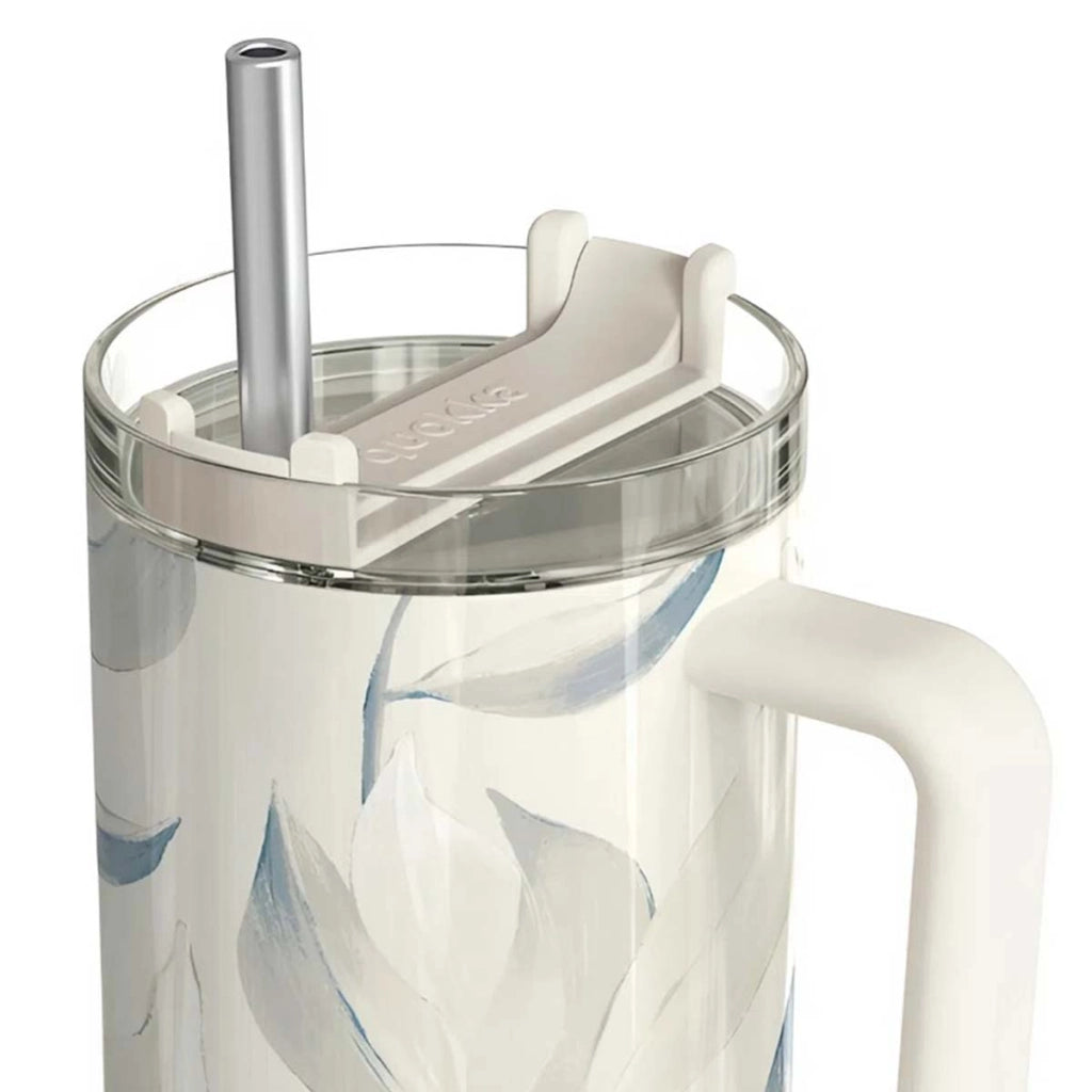 Bicchiere Termico 1200 ml con Cannuccia con Decorazione Fogliame Cotone Bianco Quokka
