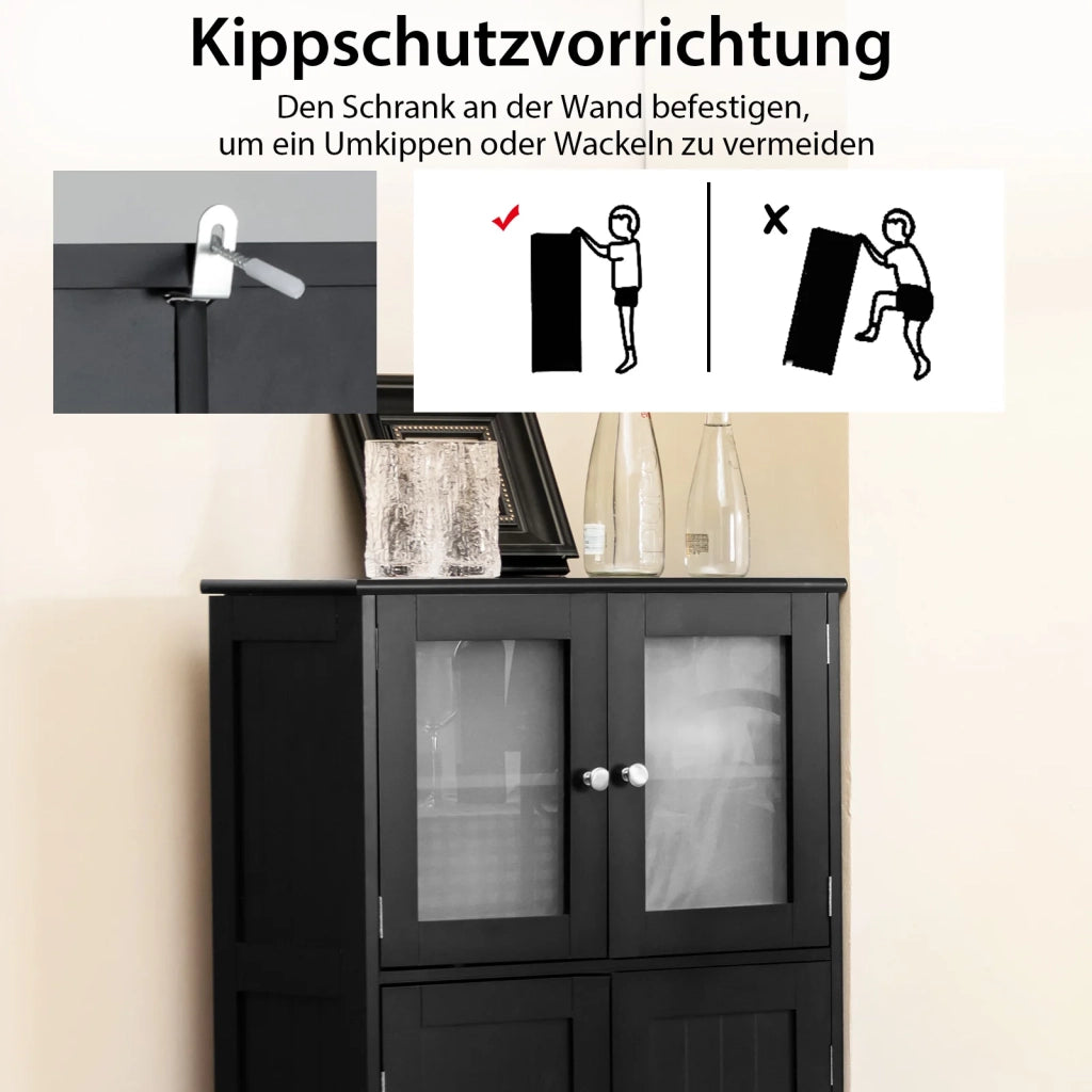 Mobile Alto da Bagno a Colonna in Legno MDF e Vetro Nero con Ante e Ripiano Regolabile Salvaspazio per Casa