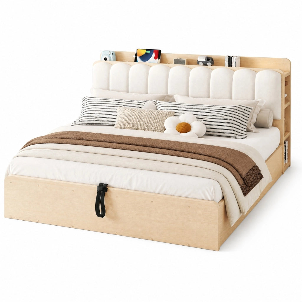 Letto contenitore 180 × 200 cm con sollevamento idraulico testiera imbottita USB luce notturna legno naturale