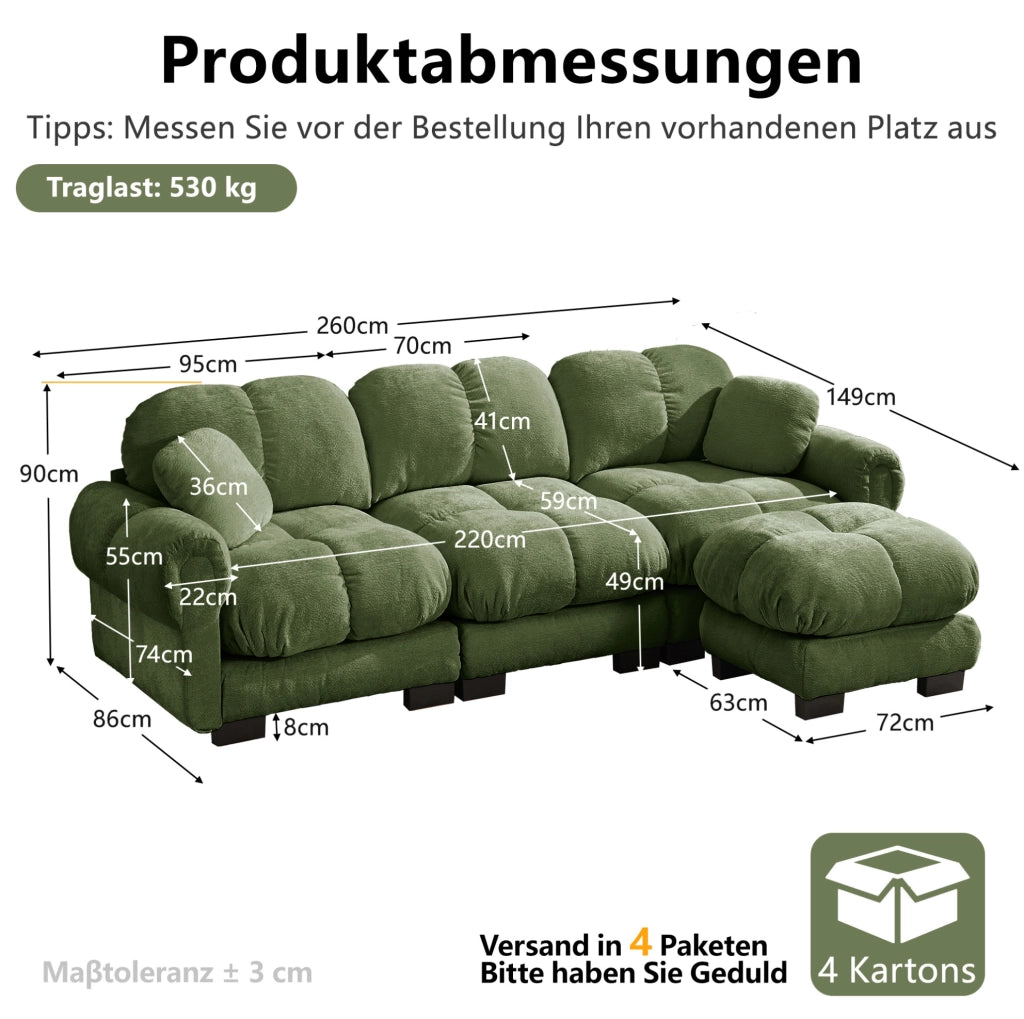 Divano angolare ULEVR 260x149x90 cm con pouf mobile e cuscini trapuntati in ciniglia verde