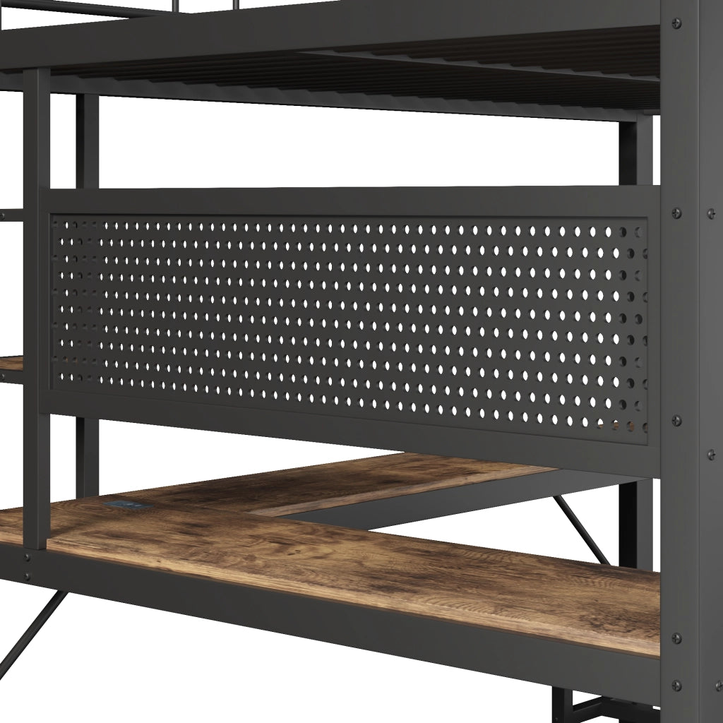 Letto a soppalco 160 x 200 cm; scrivania; ripiani; sponde di sicurezza; scala; USB/USB-C; striscia LED; pannello forato; telaio in ferro; nero