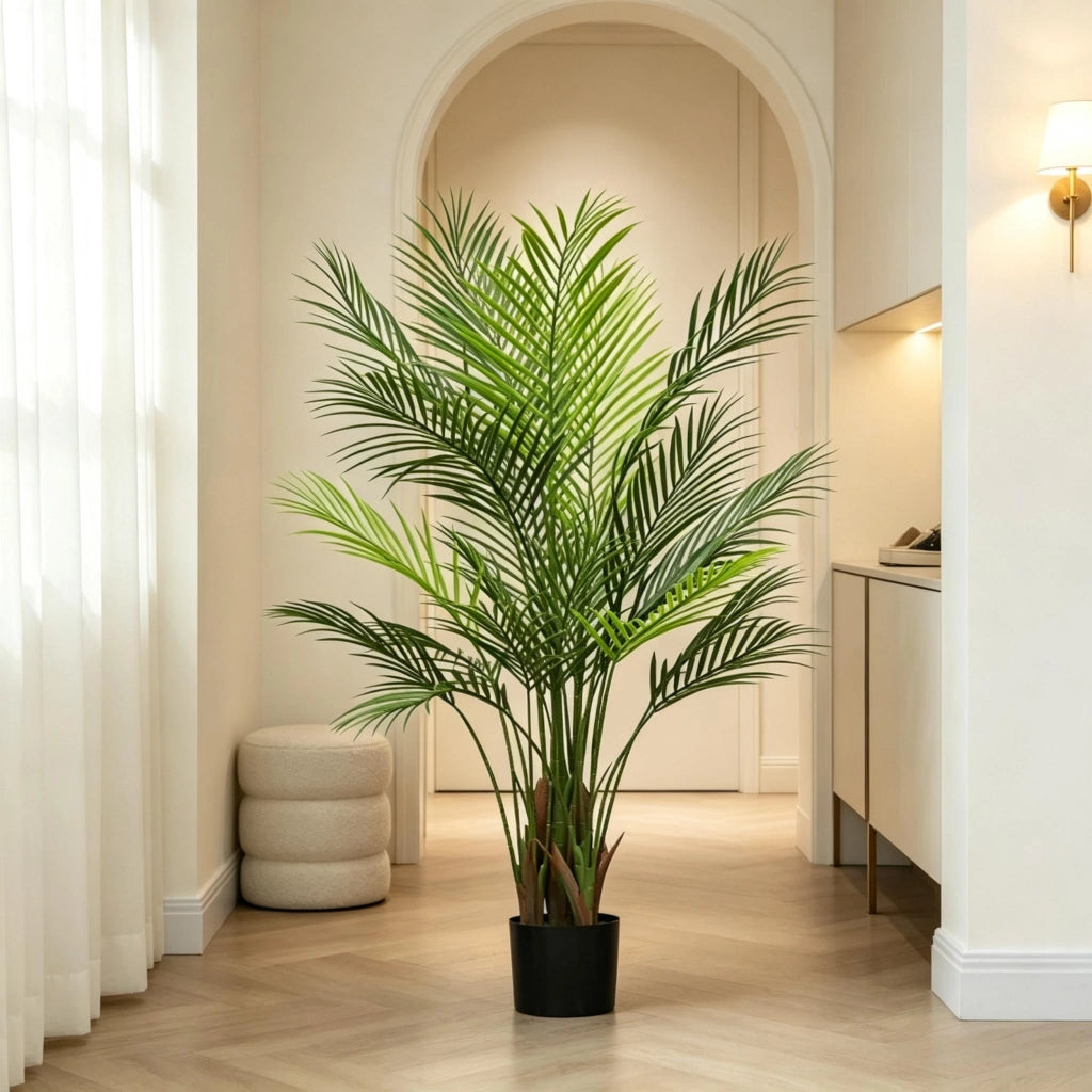 Palma artificiale areca con 22 foglie in plastica verde vaso in tessuto con base in cemento altezza 120 cm