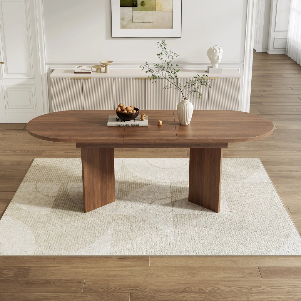 Tavolo allungabile con piano ispessito e angoli arrotondati per sala da pranzo, in MDF, noce, 140 × 90 cm