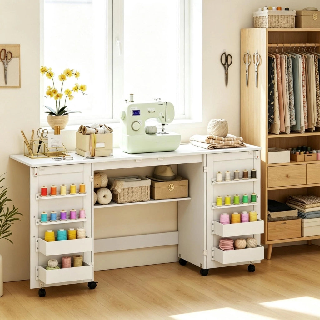 Tavolo da lavoro pieghevole per cucito con 2 ante magnetiche, 4 contenitori e 20 ganci, bianco, 160x40x81,5 cm