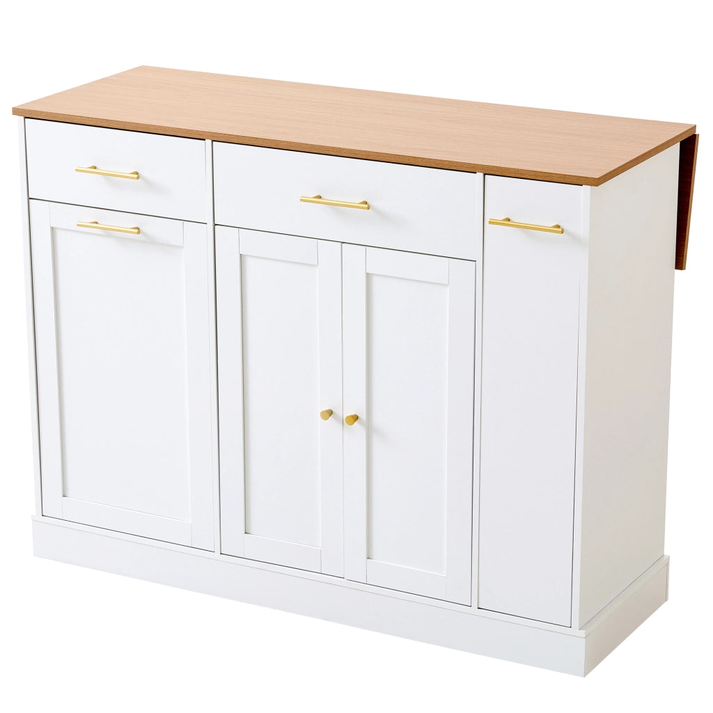 Mobile contenitore da cucina con piano pieghevole, vano pattumiera, 2 cassetti e ripiano estraibile, bianco e naturale