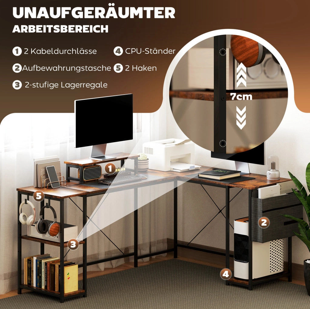 Scrivania angolare a L 168x120 cm con ripiani e portaoggetti, supporto monitor ergonomico, marrone rustico