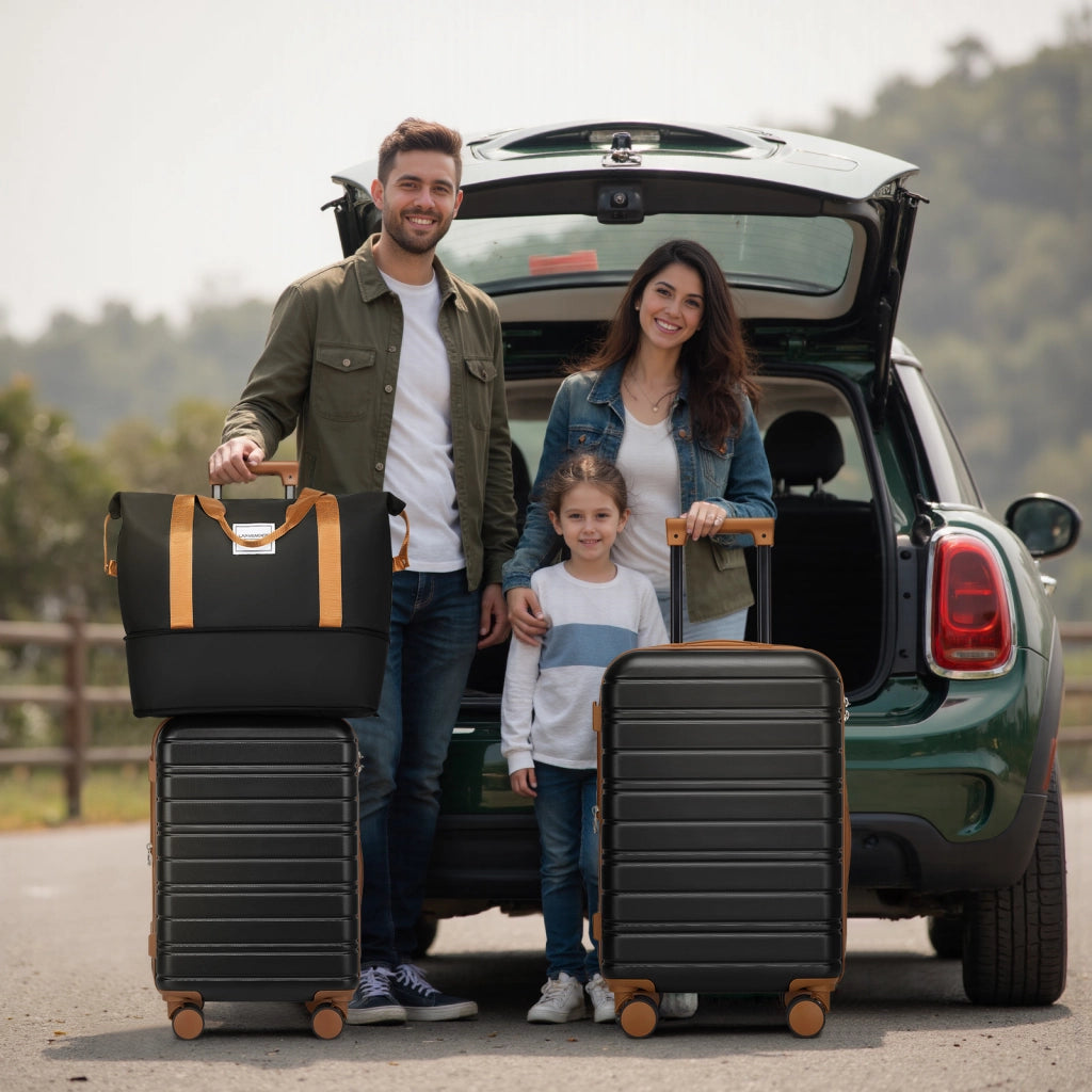 Set di valigie espandibili con tre trolley rigidi; borsa weekender e beauty case; nero; ruote girevoli e lucchetto