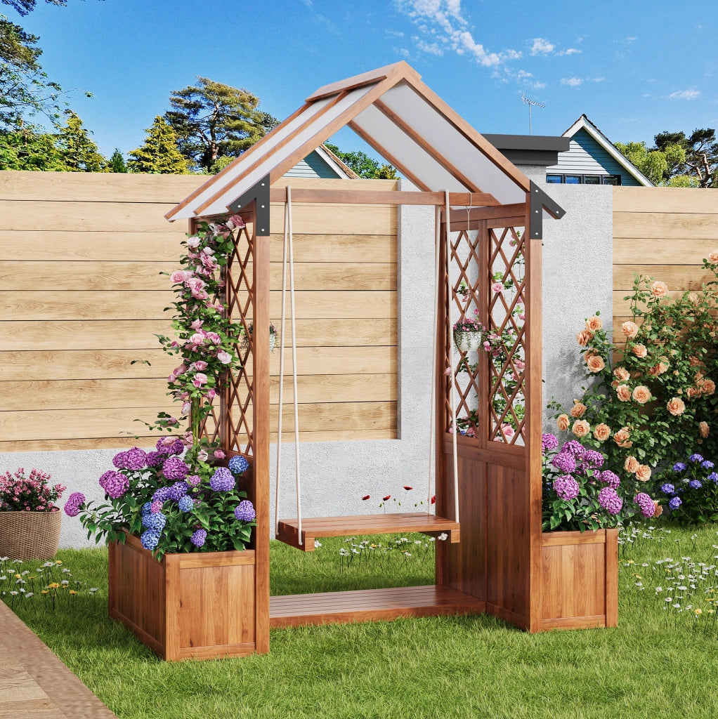 Vaso da giardino in legno massiccio di abete con pergola e tettoia in policarbonato, colore marrone, 163x142x70 cm