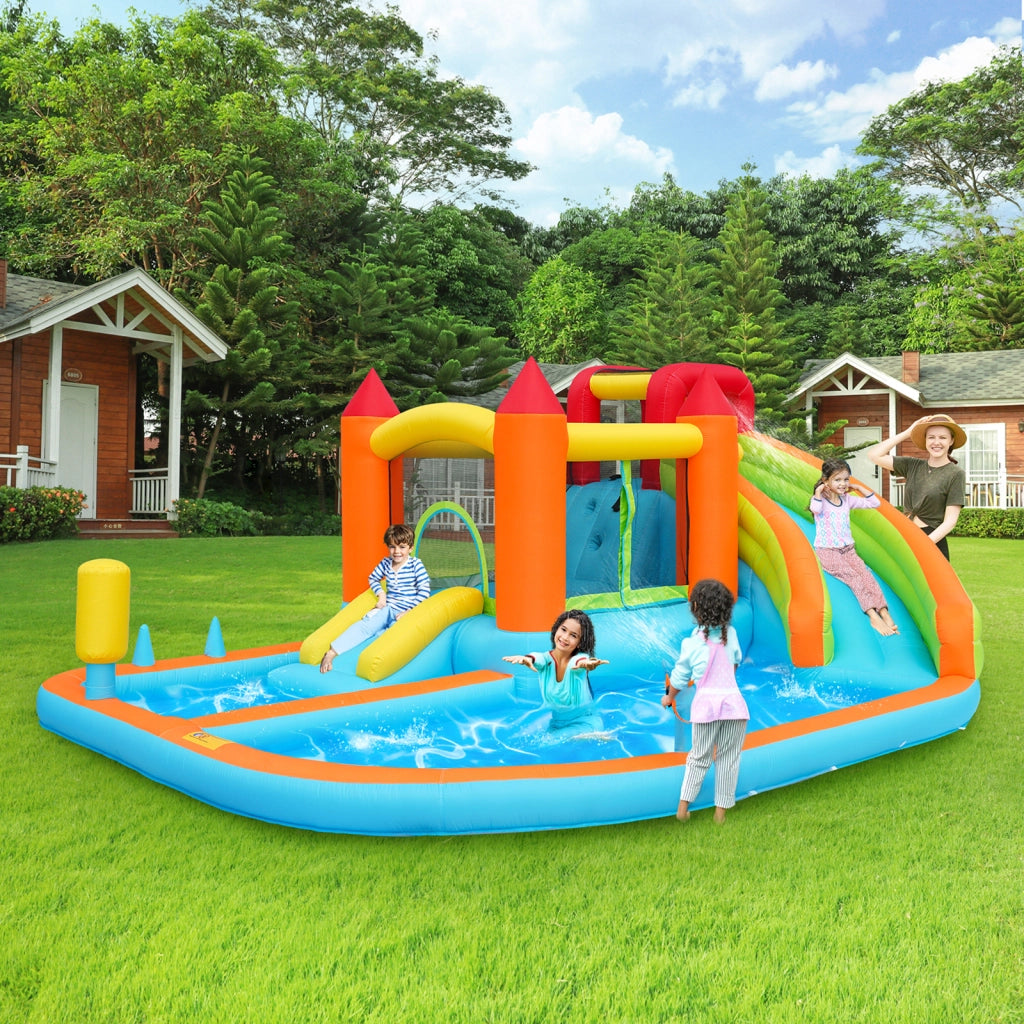Castello gonfiabile con scivolo ad acqua; trampolino e gonfiatore 450 W; arancione