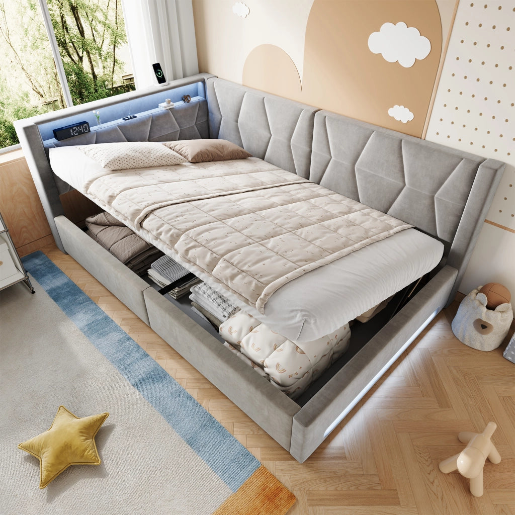 Letto imbottito con contenitore 140 x 200 cm in velluto grigio scuro; LED; USB e Type-C