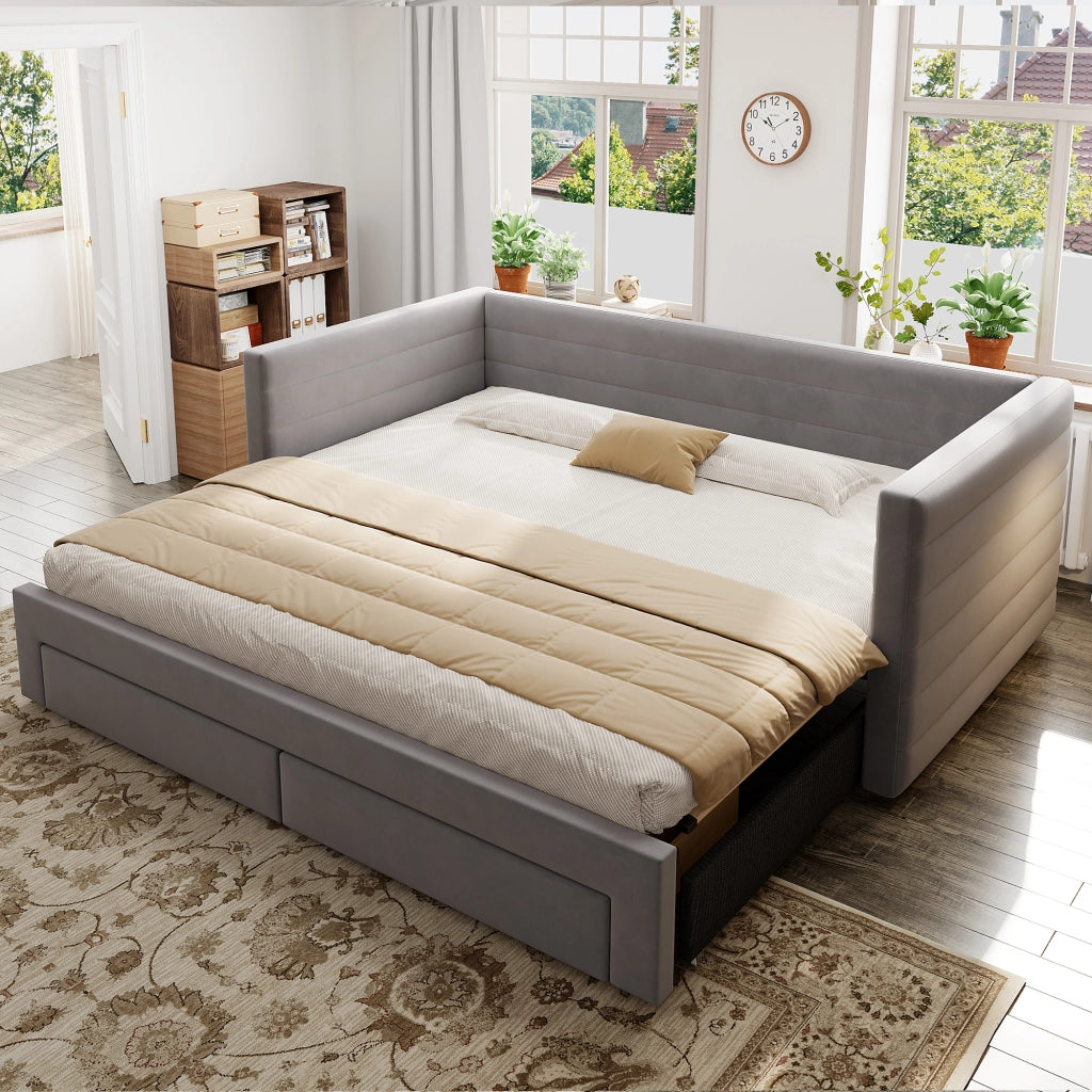 Letto salvaspazio estraibile imbottito 90×190 cm e 180×190 cm con 2 cassetti; senza materasso; grigio