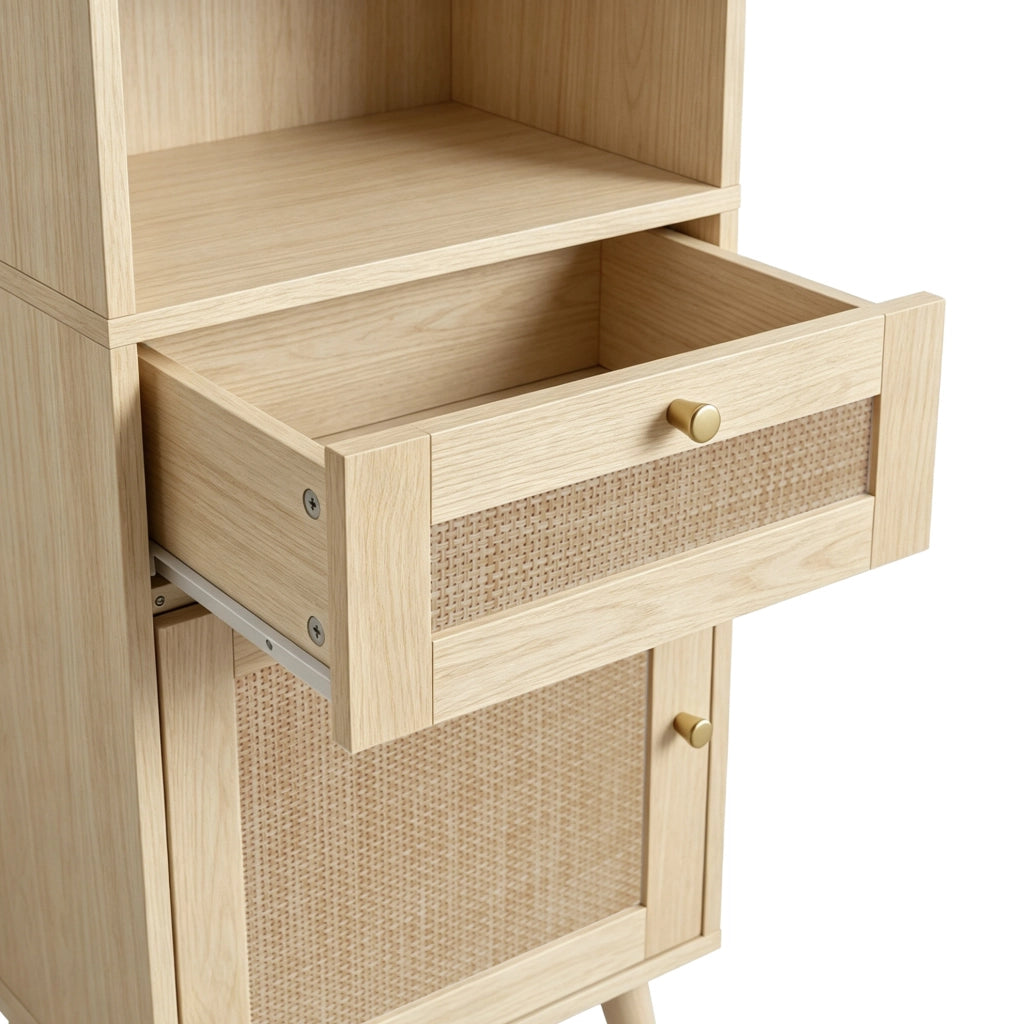 Mobile bagno alto 166 cm con ante in rattan reversibili, cassetto, chiusura magnetica e cerniere soft-close, 40x30x166 cm, colore legno naturale