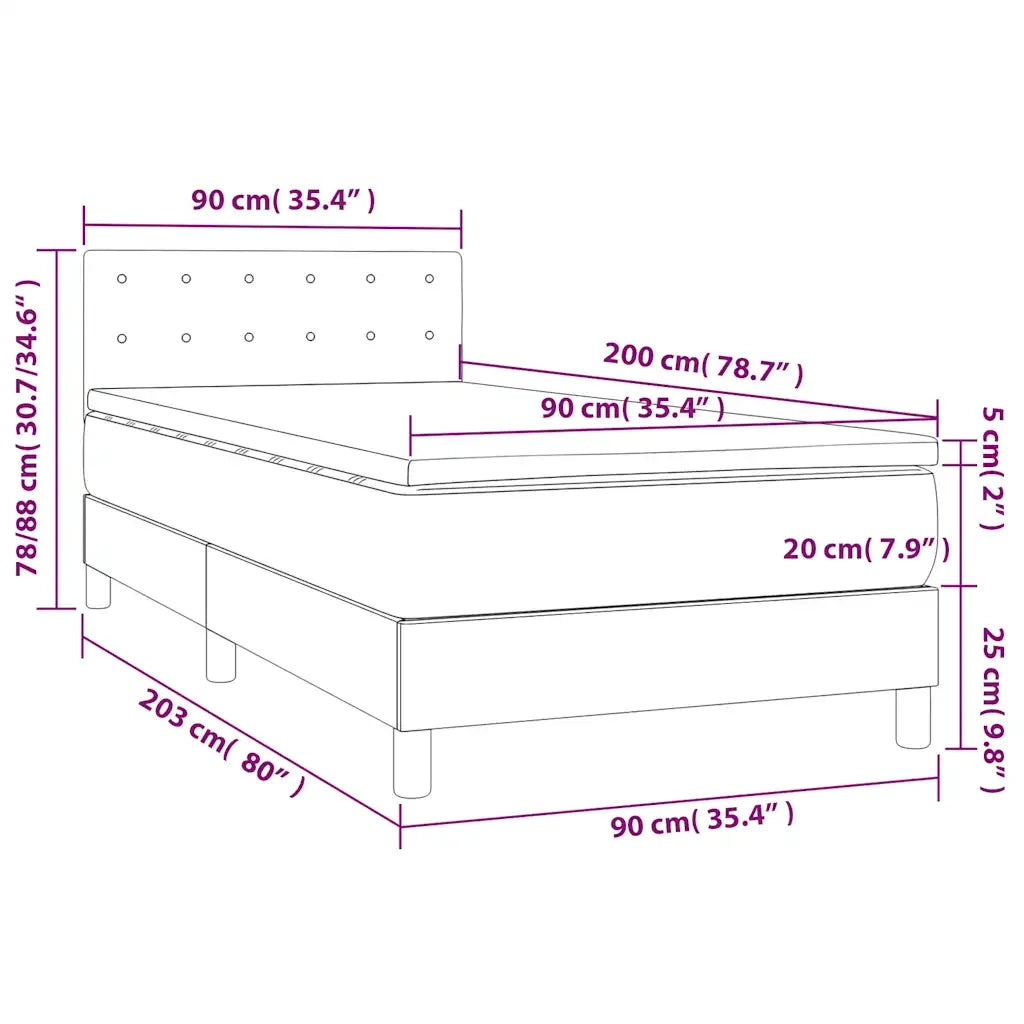 Letto singolo | Letto per adulti | Letto a Molle con Materasso e LED Nero 90x200 cm in Tessuto