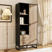 Credenza e madia con 1 anta, 2 cassetti e 3 vani aperti per soggiorno e ufficio, MDF nero e legno, 80 × 40 × 180 cm