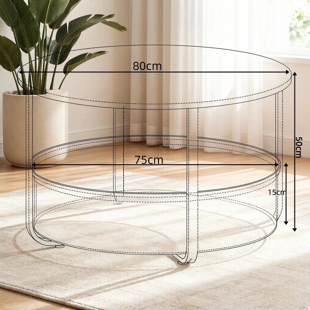 Tavolino basso fisso rotondo con cesto in tela rimovibile struttura in metallo beige e bianco Ø 80 × 50 cm