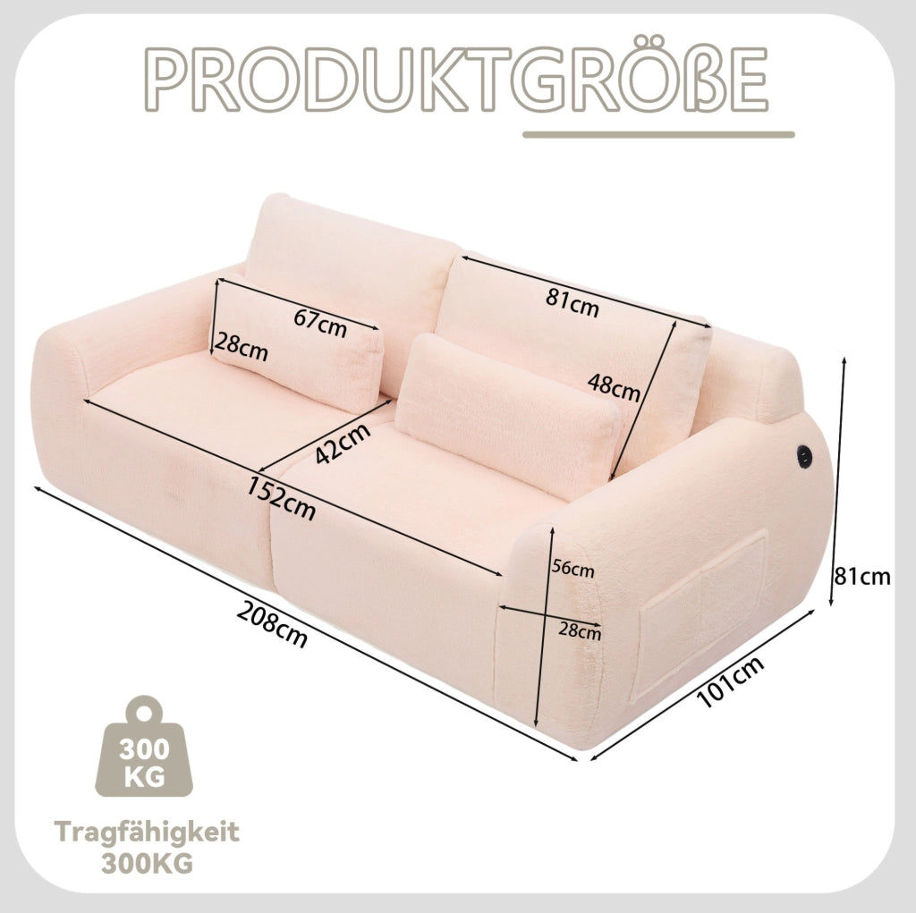 Divano 2 posti con imbottitura in schiuma; porte USB e tasca laterale; rosa