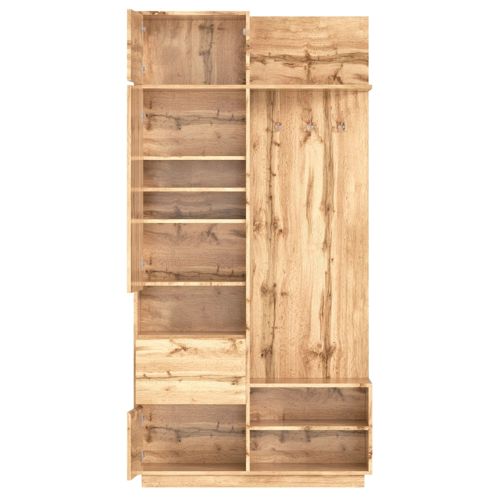 Mobile Ingresso con Specchio; Panchina e Appendiabiti con Cassetti e Scarpiera a Ripiani; MDF; Naturale; 90??34;5??190 cm