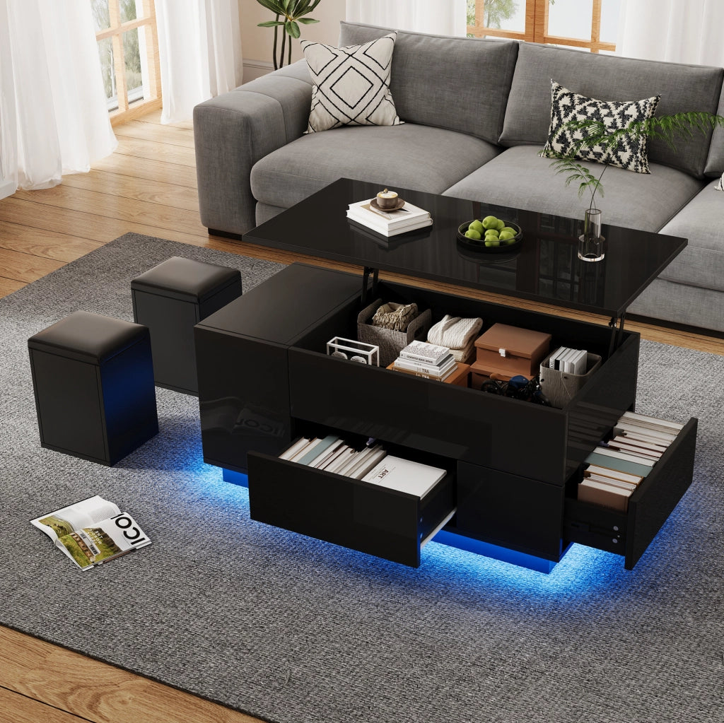 Tavolino da salotto sollevabile con LED e vano nascosto