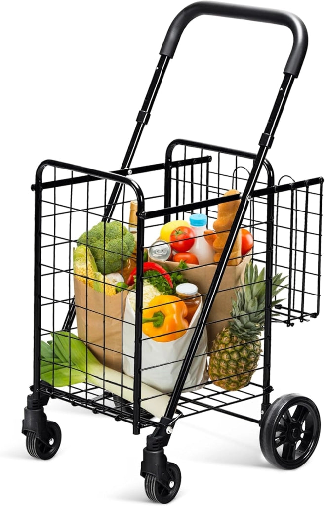 Carrello Portaspesa Pieghevole, Carrello Spesa con Ruote Girevoli a 360 °, Manico Regolabile, 2 Cesti, Capacità di Carico: 20 kg, 58L, 43 x 52 x 89-95 cm (Nero)