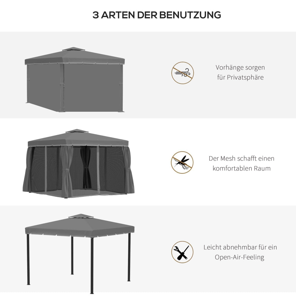 Pavillon da giardino a doppio tetto con tende e zanzariere in alluminio grigio scuro 2,96 × 2,96 × 2,70 cm