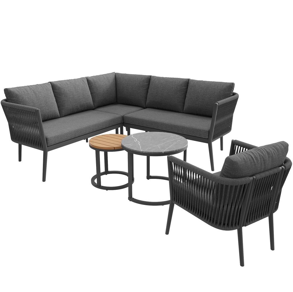Set salotto da esterno modulare 6 pezzi per 5-6 persone con cuscini, tavolini e struttura in PE rattan grigia
