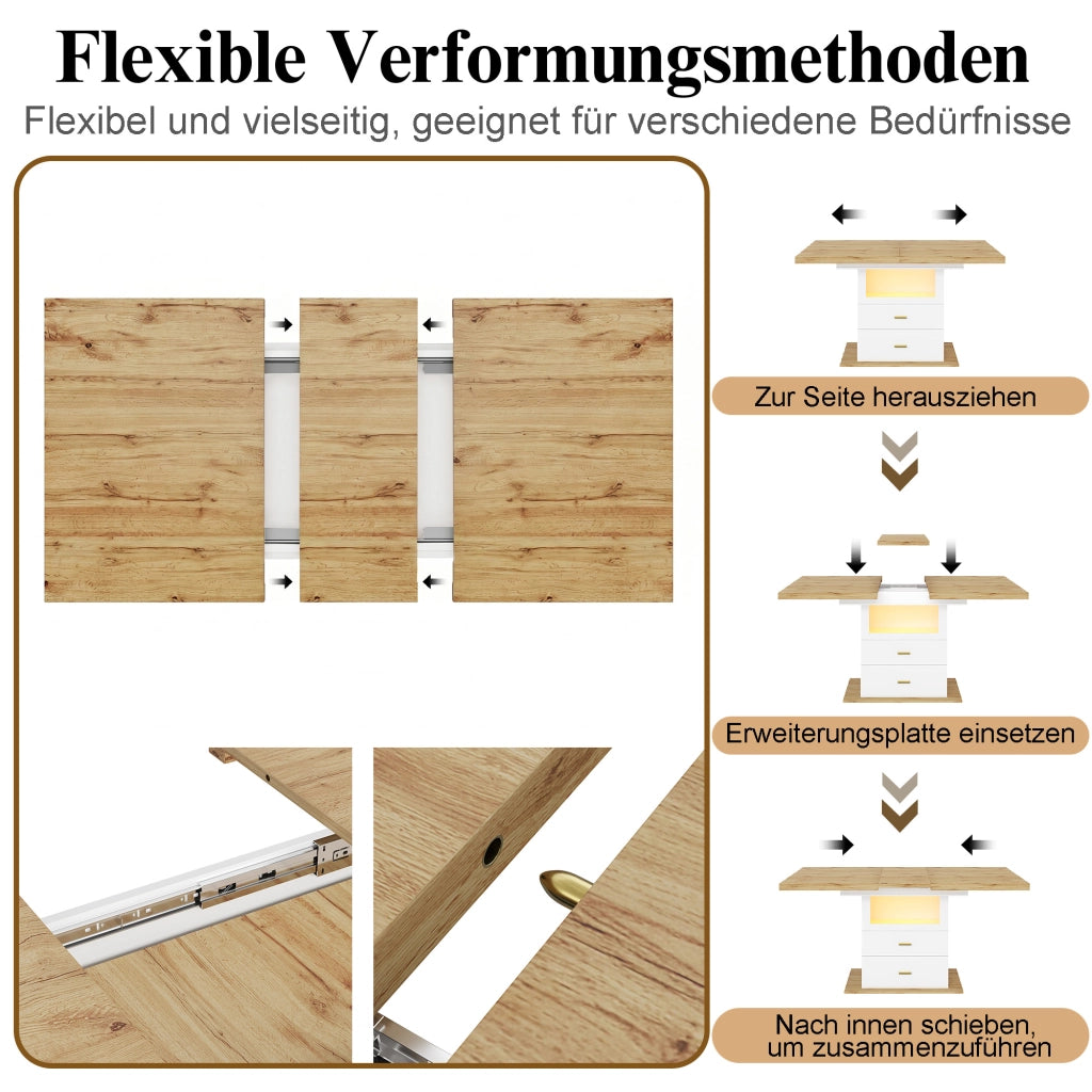 Tavolo da pranzo allungabile con LED controllabile via app e vano contenitore in MDF bianco