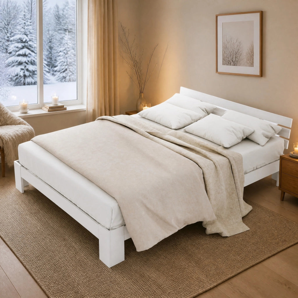 Letto matrimoniale 140 × 200 cm con testiera e rete a doghe in legno bianco portata massima 150 kg
