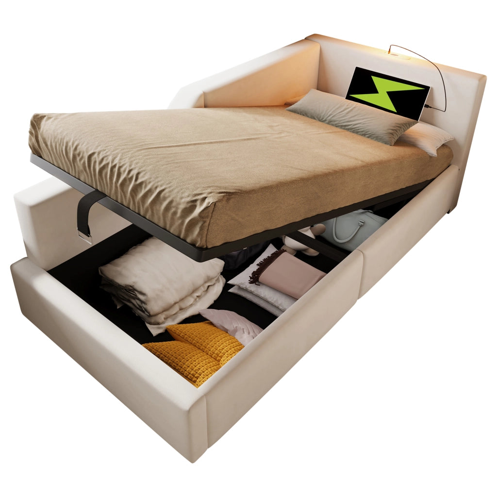 Letto singolo imbottito 90 × 200 cm con contenitore idraulico velluto beige luce da lettura e ricarica USB-C