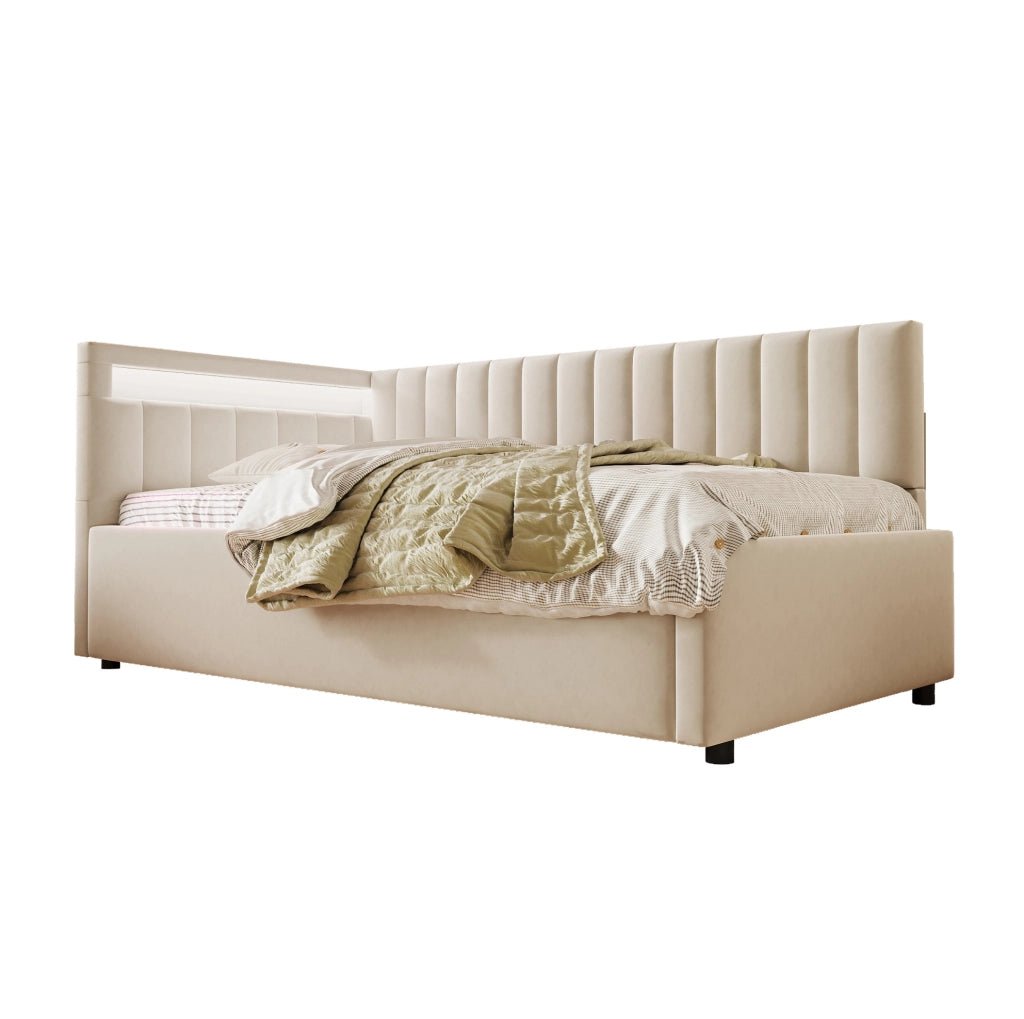 Letto sofà imbottito 90x200 cm con LED, contenitore idraulico, rivestimento in velluto beige