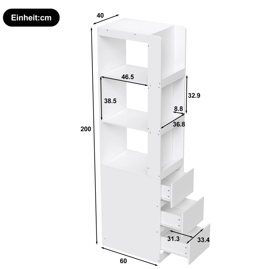 Libreria stretta bianca alta 200 cm con 3 cassetti