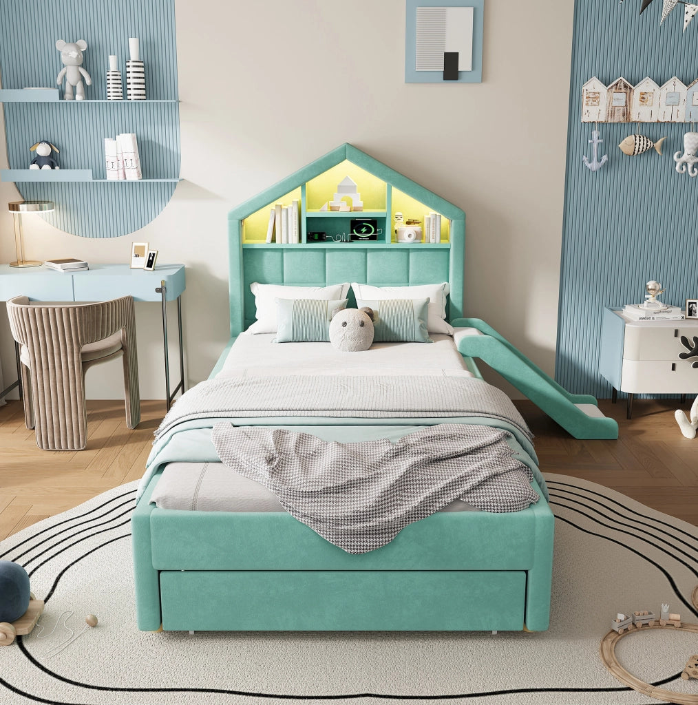 Letto bambini 90x200 cm blu verde imbottito con scivolo reversibile, illuminazione LED, porta di ricarica, ripiani e ampio contenitore sottoletto