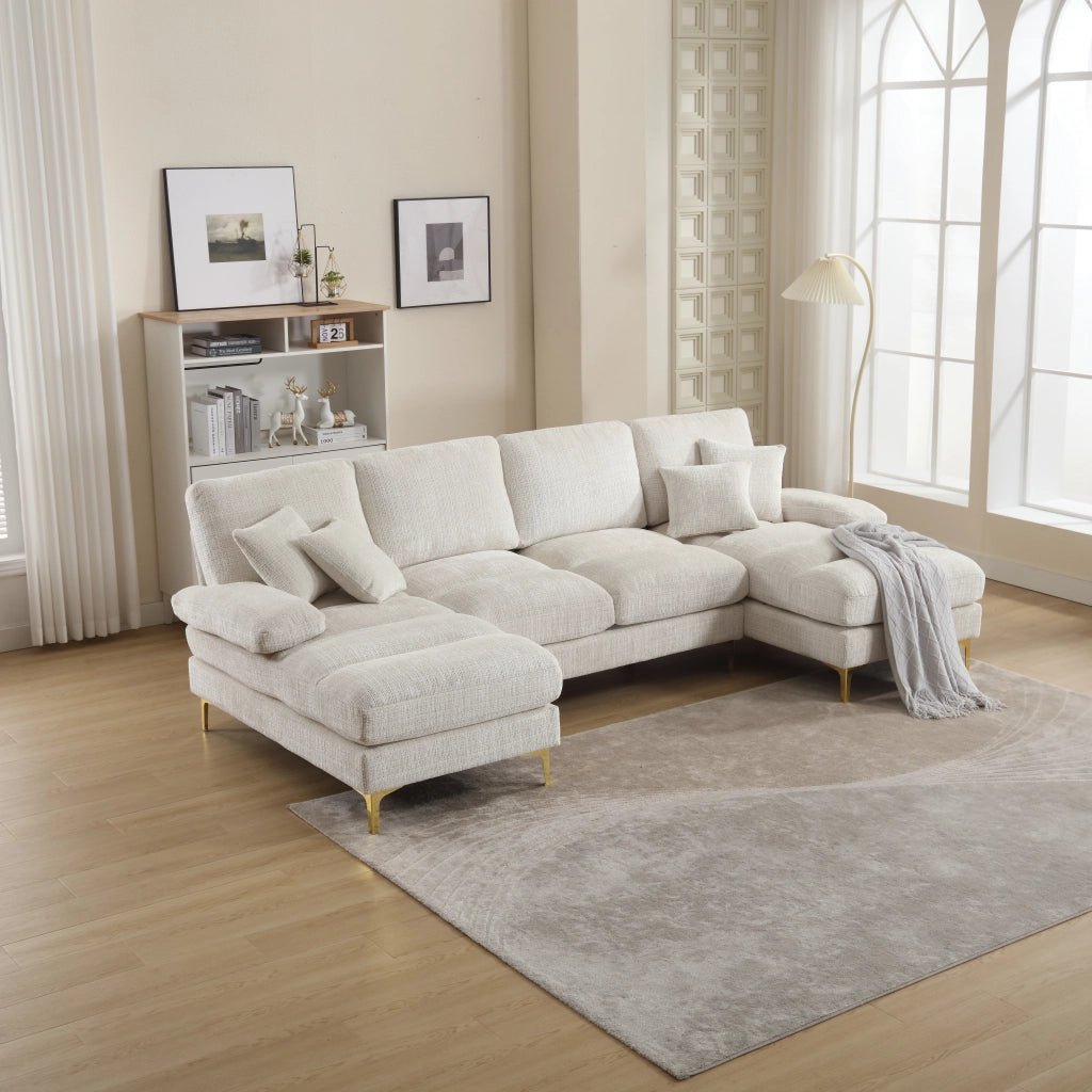 Divano componibile a U in ciniglia beige con due postazioni distese e struttura in compensato