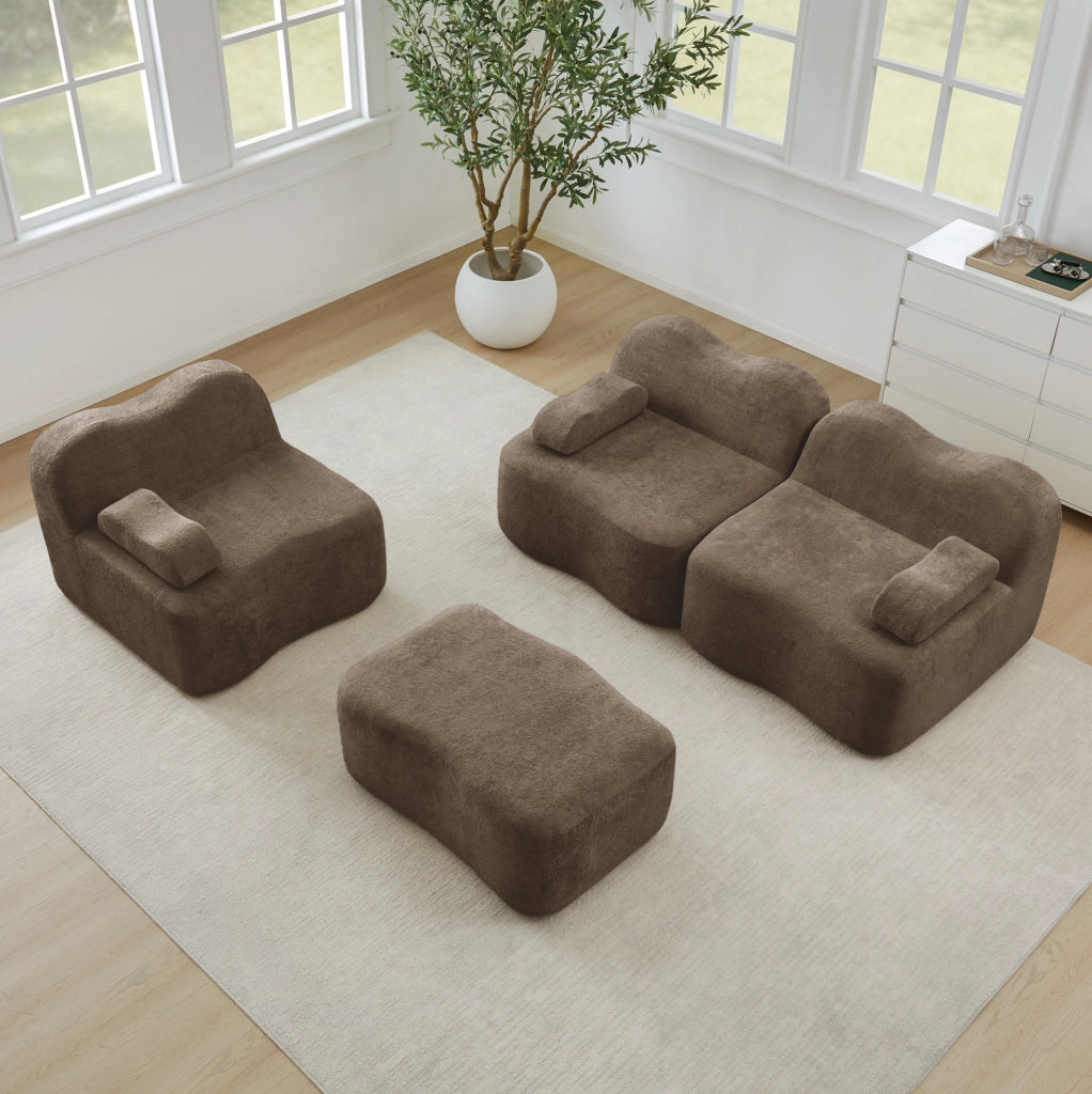 Divano angolare modulare ULEVR in velluto marrone con pouf collegabile, imbottitura in schiuma 32D