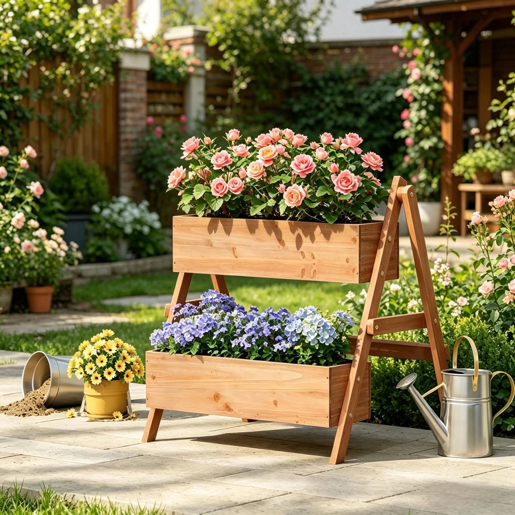 FIORIERA Rialzata a Scala 80x62x68 cm in Legno Marrone per Interni ed Esterni
