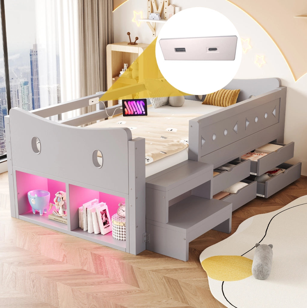 Letto singolo per bambini 90x200 cm grigio con cassetti, LED, USB e Type-C